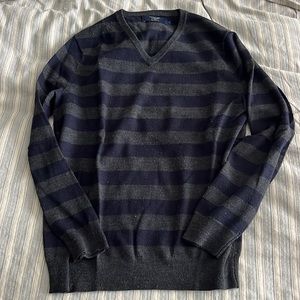 J. Crew Striped Gray Navy V Neck Merino Wool Sweater